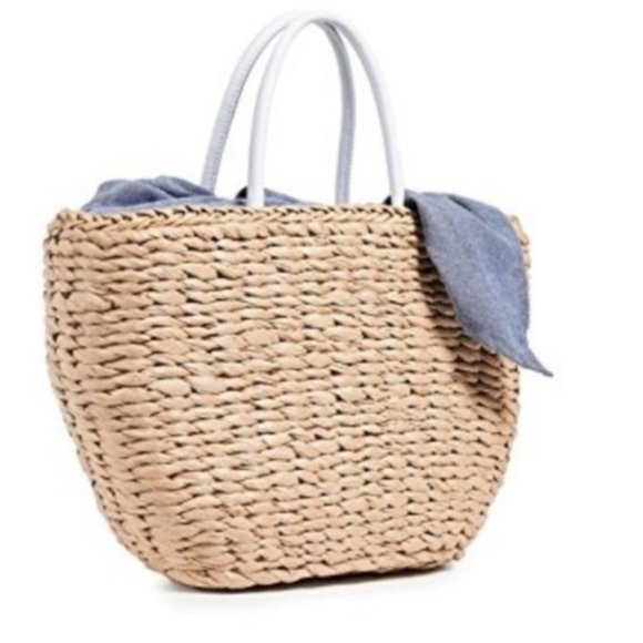 Hat Attack Natural Straw Woven Tote Handbag with Denim Flap and White Leather - Picture 1 of 7